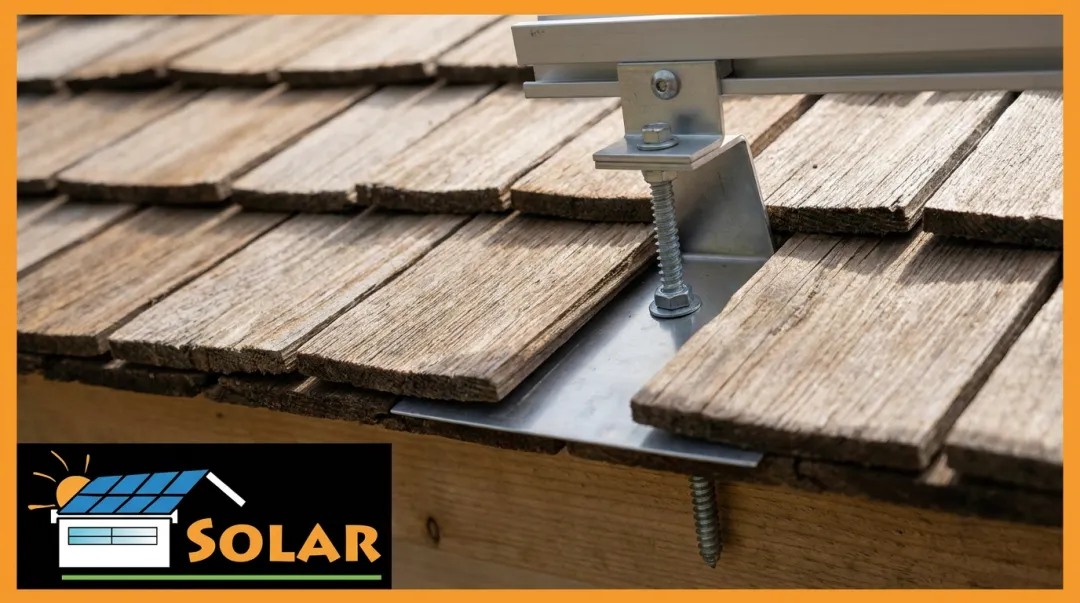 Solar panel flashing and mounting hardware installed on wood shake roof surface