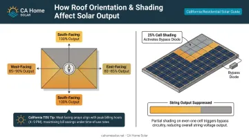 Solar roof orientation and shading impact on energy output comparison infographic