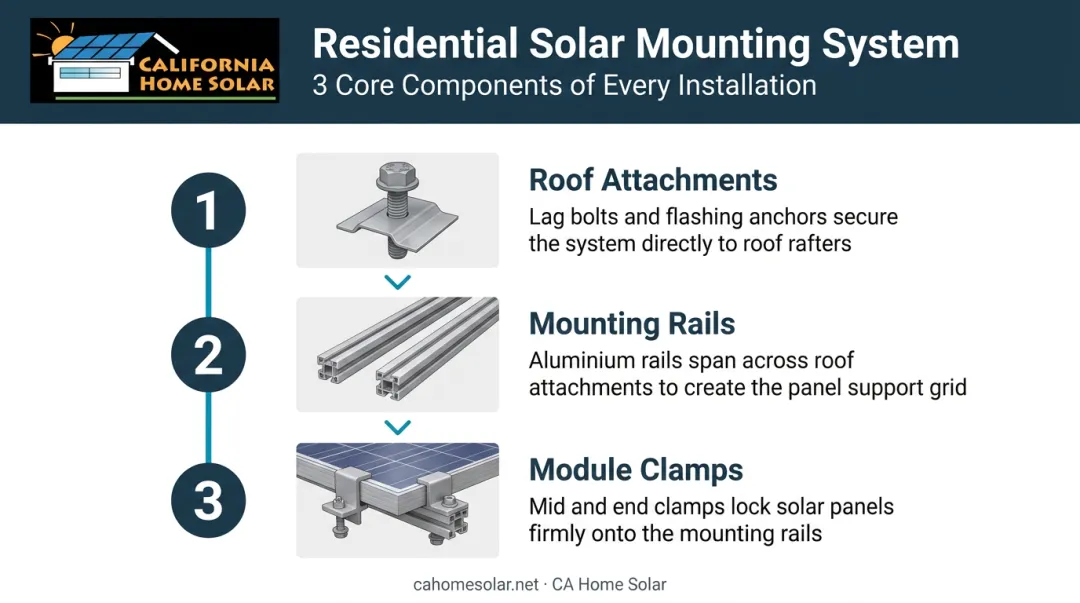 Three core solar panel mounting system components diagram with labels