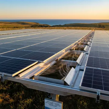 Ground-mounted solar panels with ocean breeze cooling effect in coastal setting