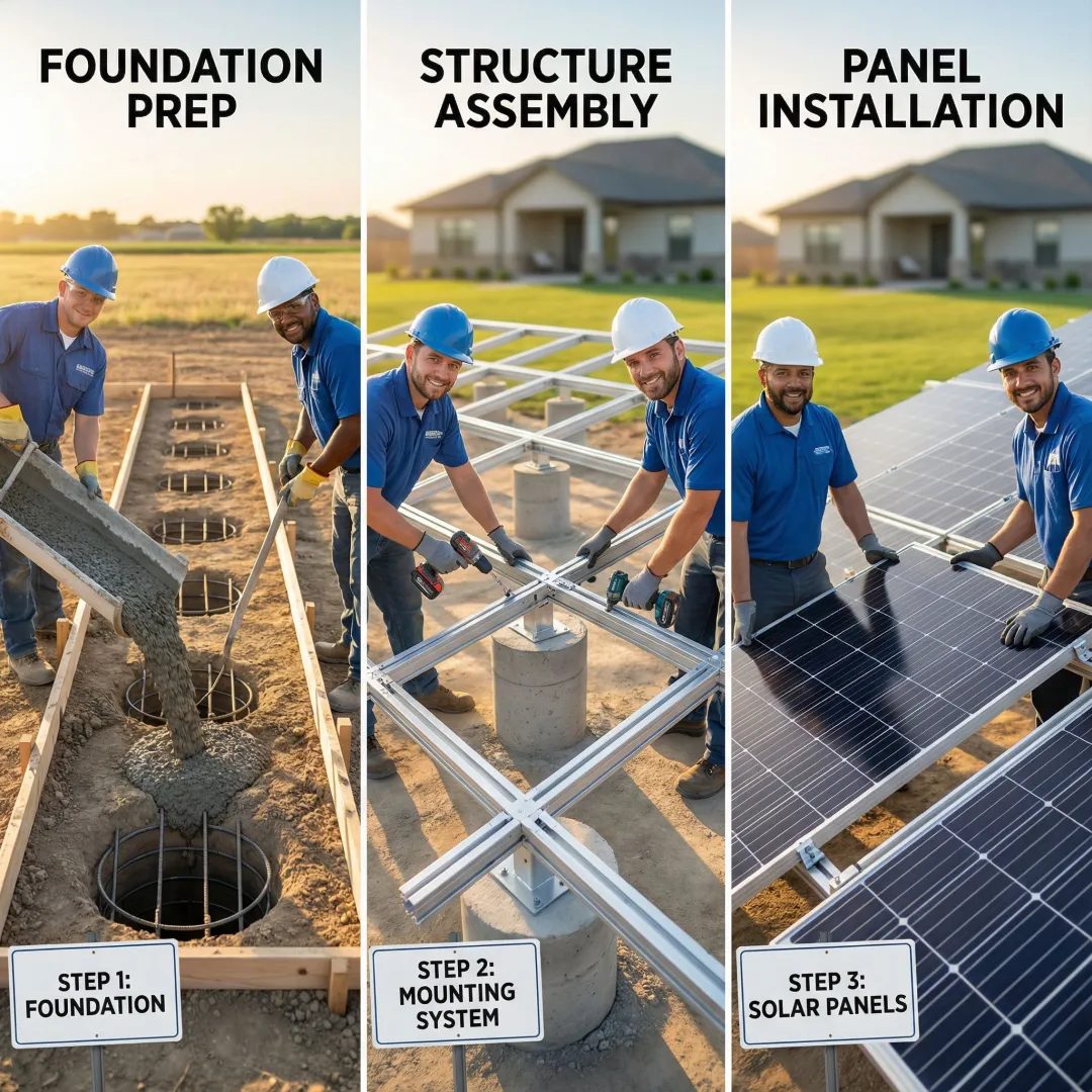 Ground mount solar installation process showing foundation work and panel mounting