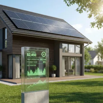 Solar panels installed on modern home with energy monitoring display showing savings