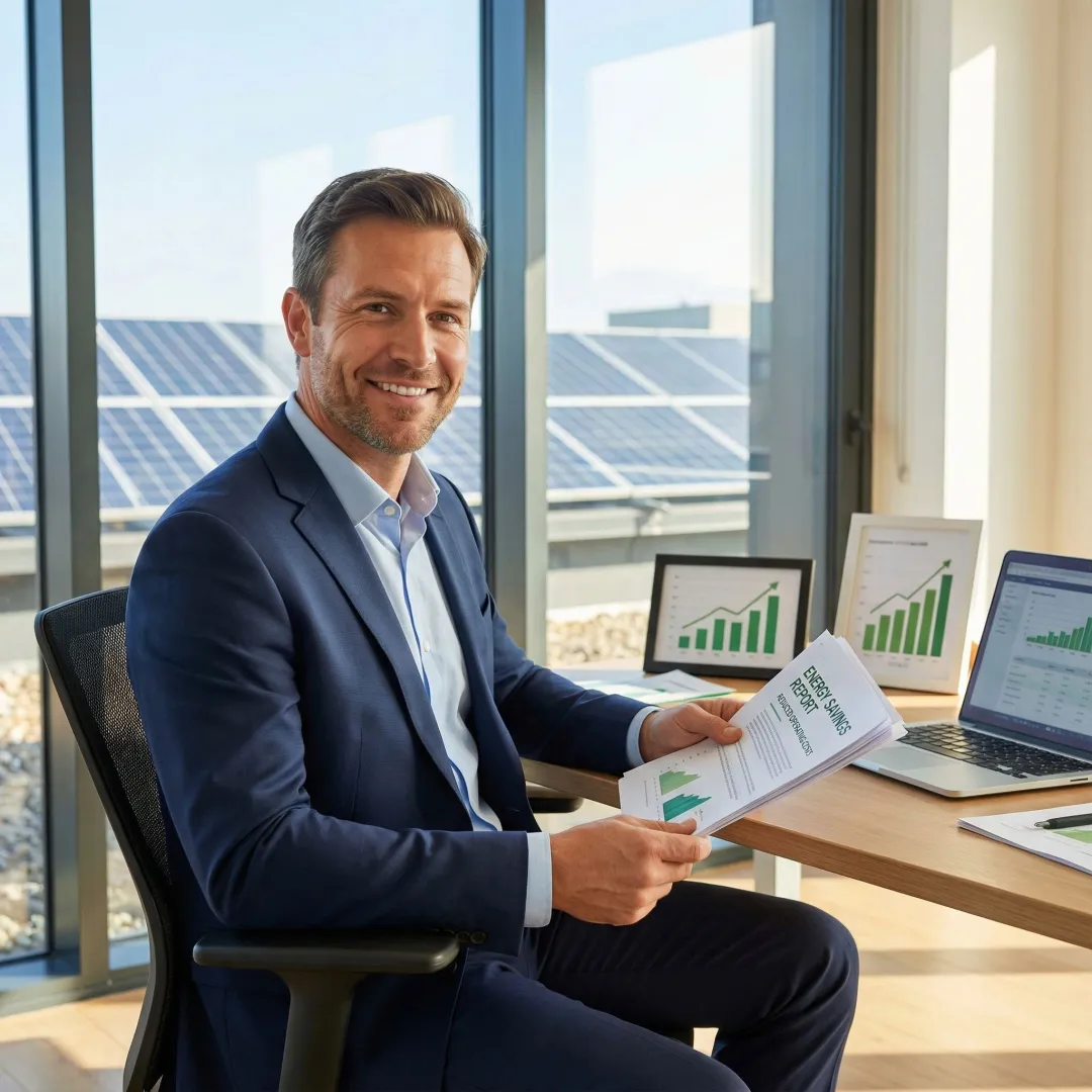 Business owner reviewing solar energy savings report