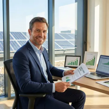 Business owner reviewing solar energy savings report