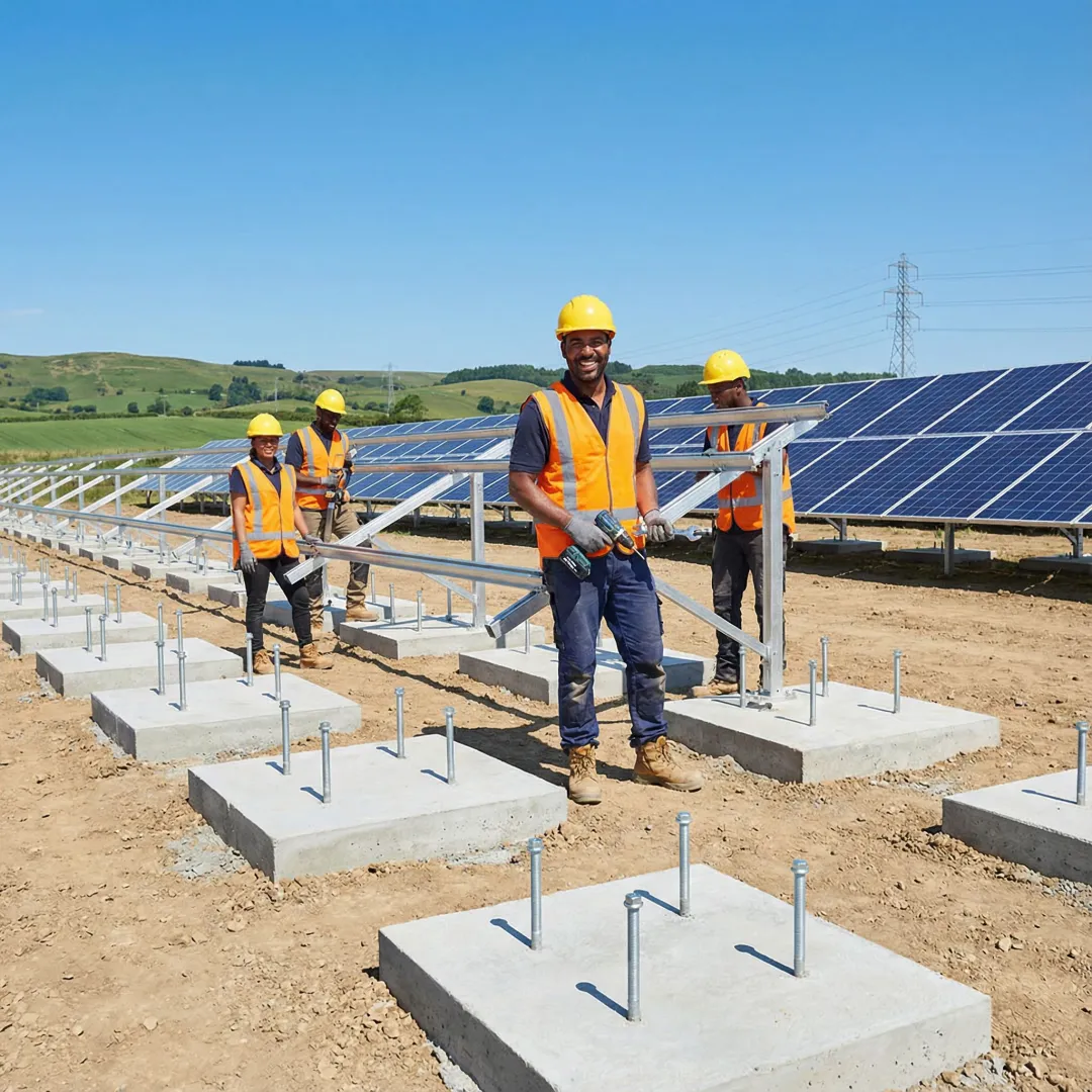 Ground mount solar installation process showing foundation preparation and panel mounting