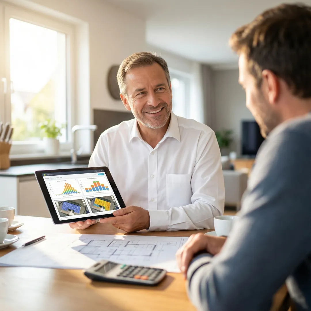 Custom solar panel system design consultation with homeowner