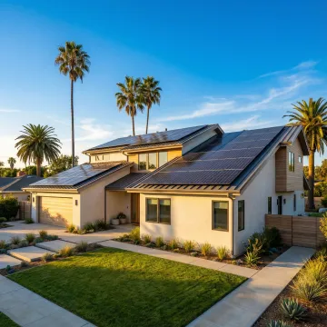 Modern home with sleek solar panel array in sunny California setting