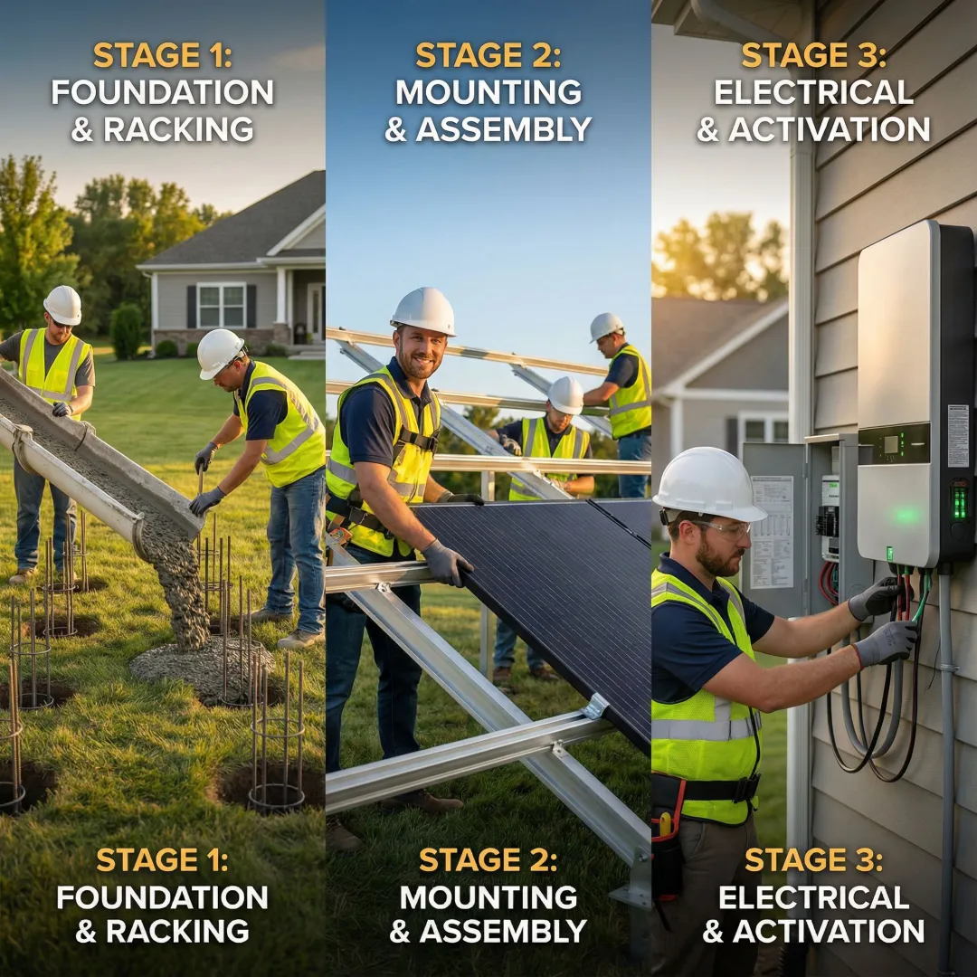 Ground mount solar installation process showing foundation and panel mounting