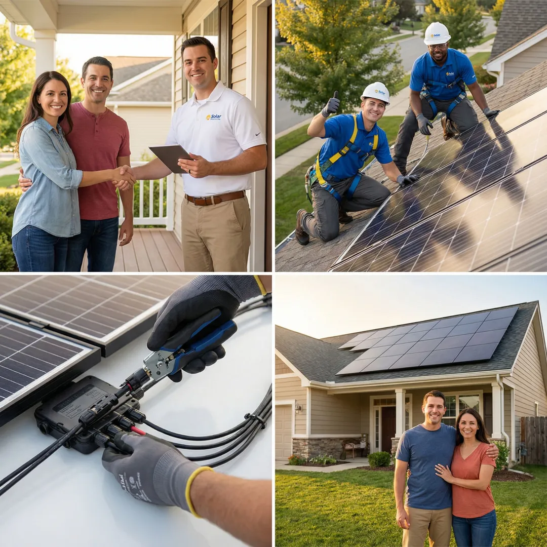 Step-by-step solar installation process showing consultation, design, installation phases