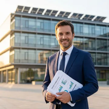 Business owner reviewing solar energy savings report