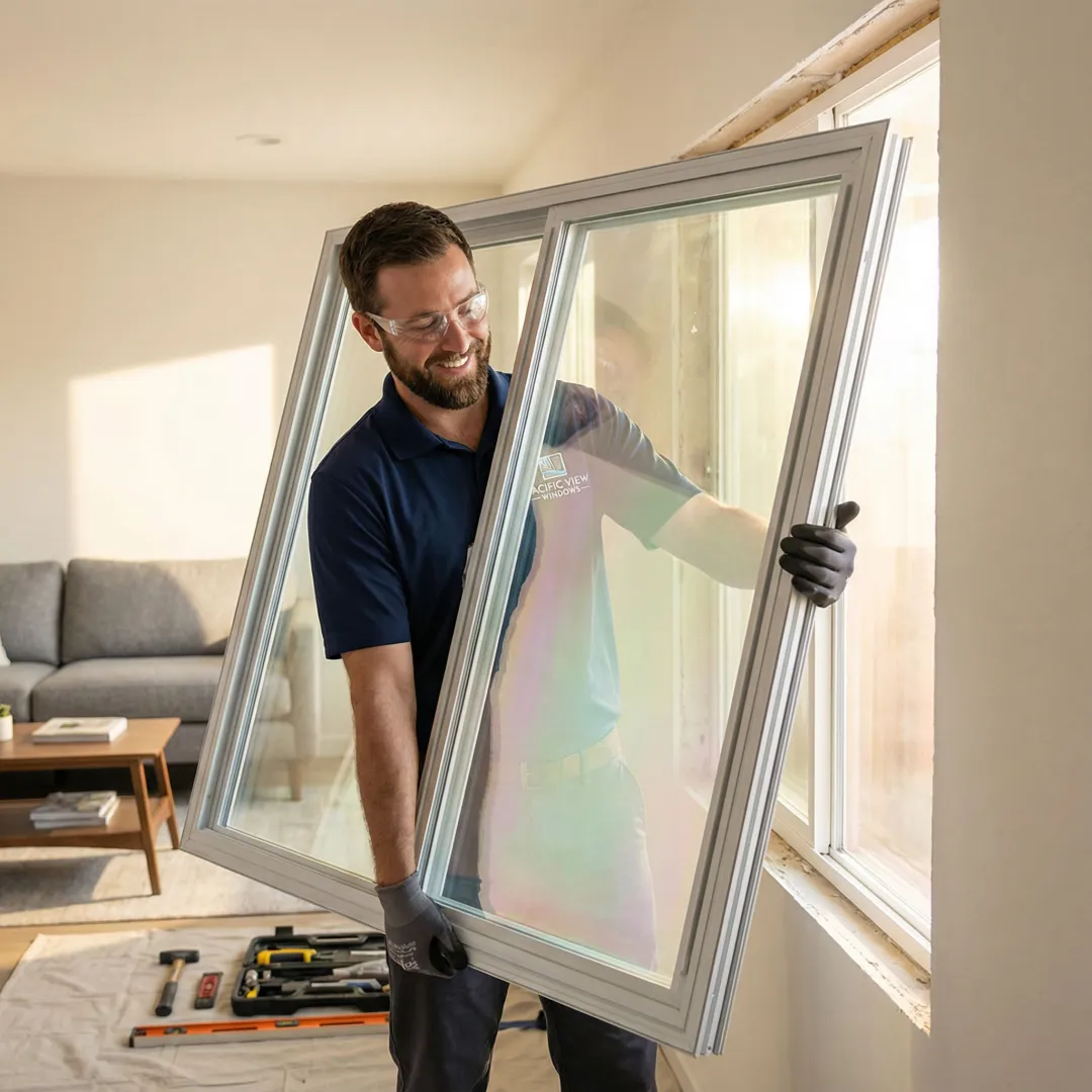 Professional window installer measuring and fitting energy-efficient windows in Long Beach home