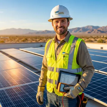 Solar installer examining residential solar panel system in desert setting