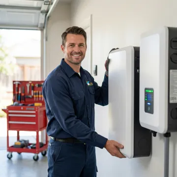 Technician installing solar battery storage system on residential property