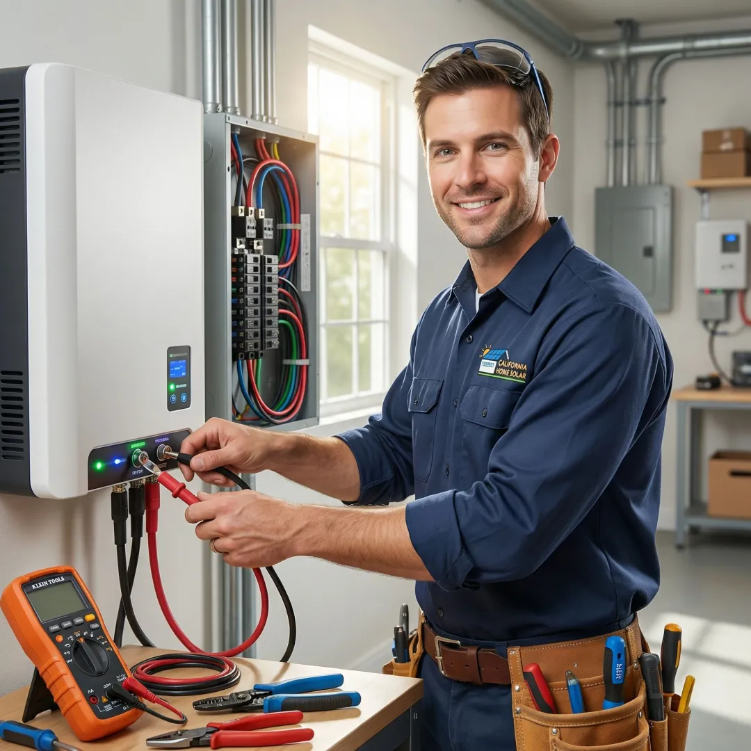 Technician installing solar battery storage system in residential setting