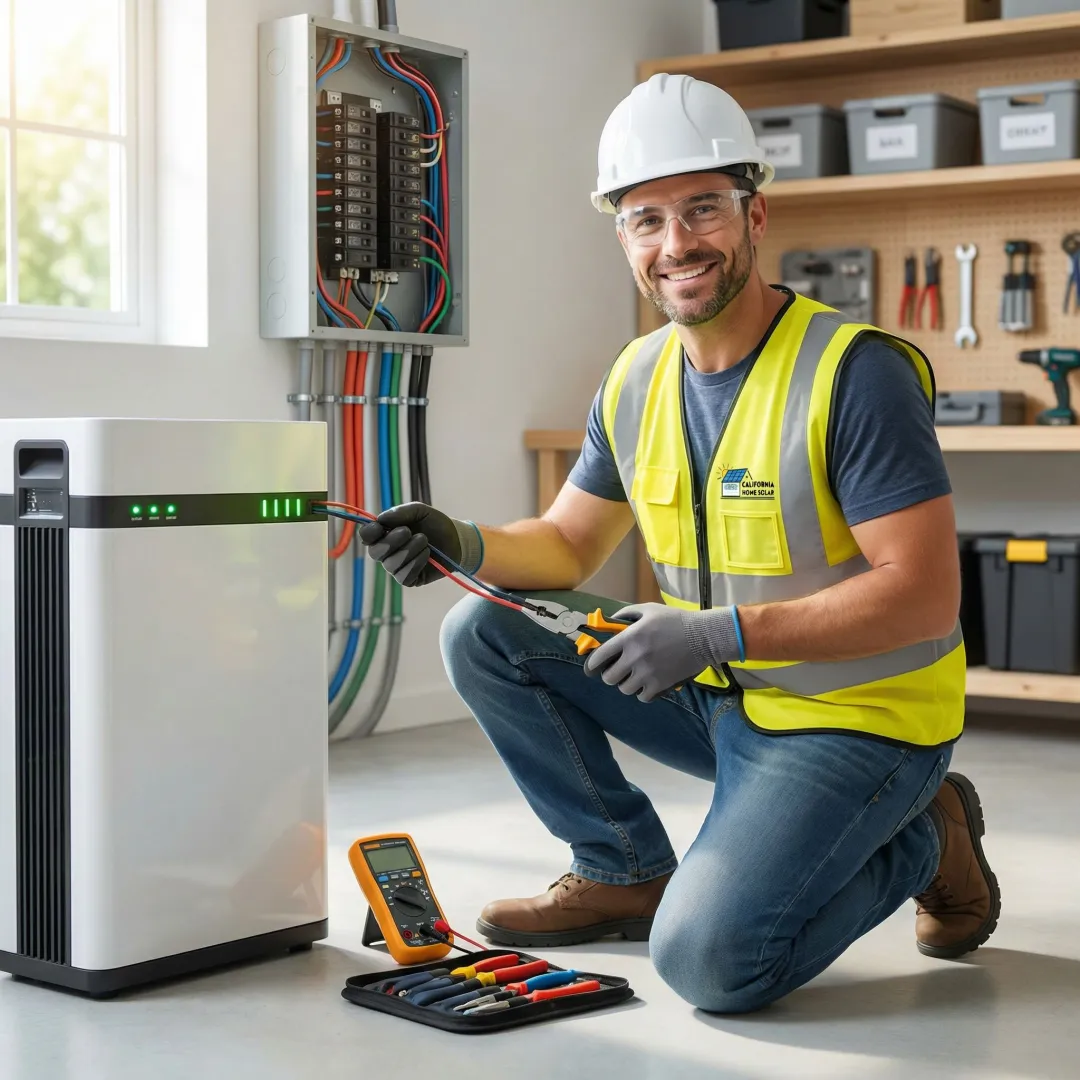 Solar technician installing battery storage system in San Diego home