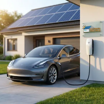 Electric vehicle charging at home with solar panels on roof
