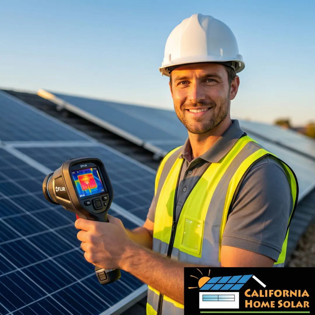 Technician performing thermal imaging scan on solar panel array
