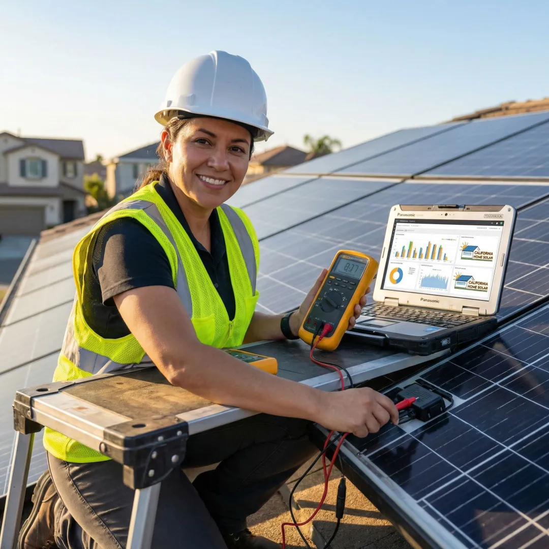 Technician using diagnostic equipment on solar panel system