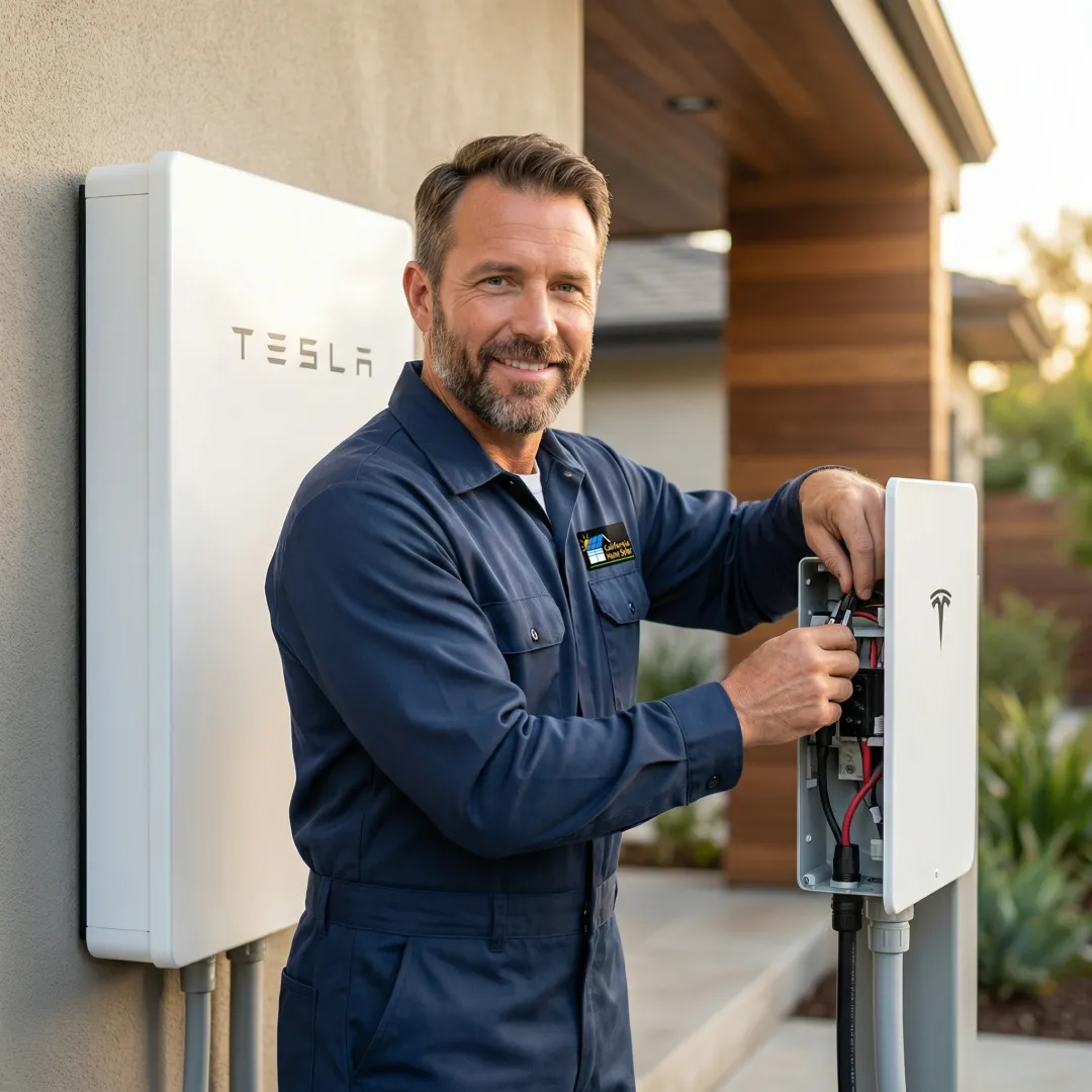 Licensed technician installing Tesla Powerwall battery system on residential property