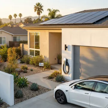 Modern Level 2 EV charger mounted on residential garage wall with solar panels visible on roof