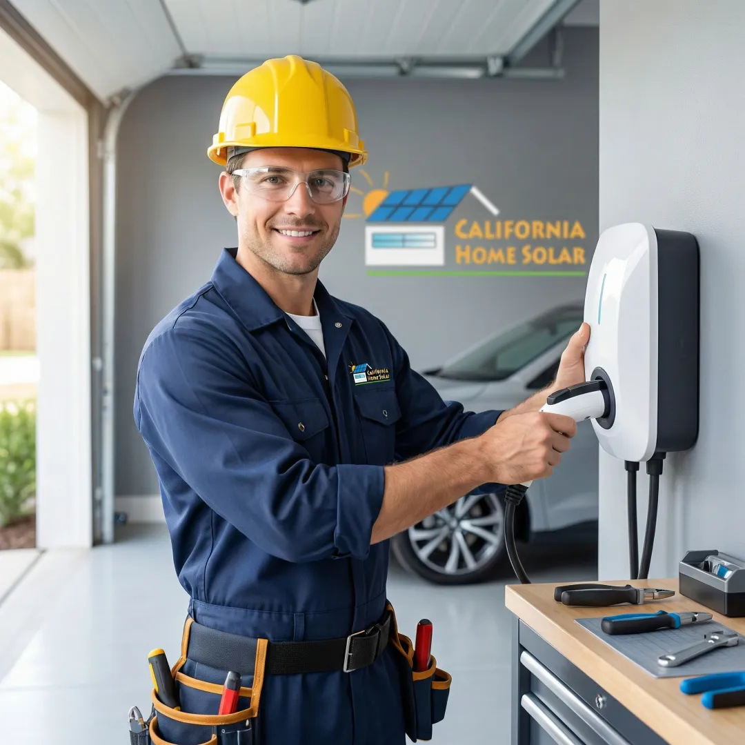 Electrician installing Level 2 EV charger on residential garage wall