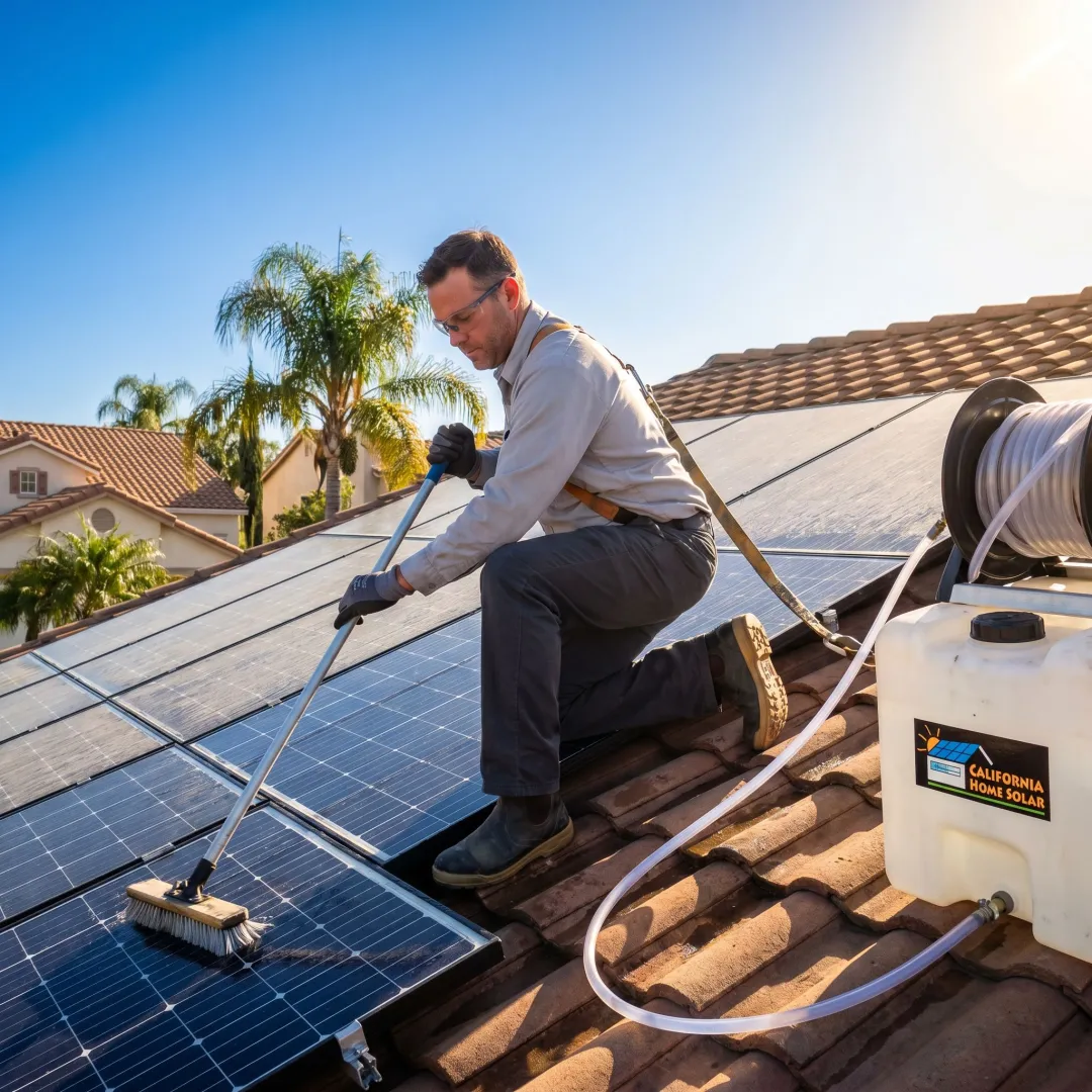 Technician cleaning rooftop solar panels in Orange County