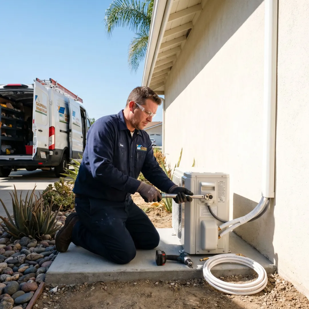 Technician installing an outdoor AC unit at an Irvine home