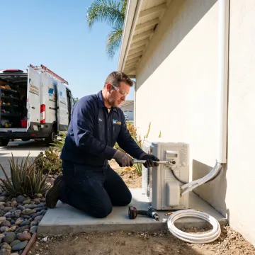 Technician installing an outdoor AC unit at an Irvine home