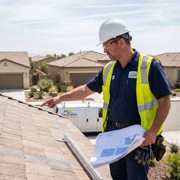 Technician reviewing roof and solar plans