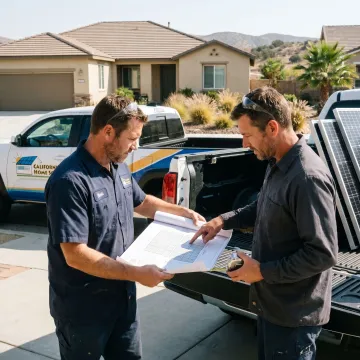 Solar installation crew planning panels on a new roof