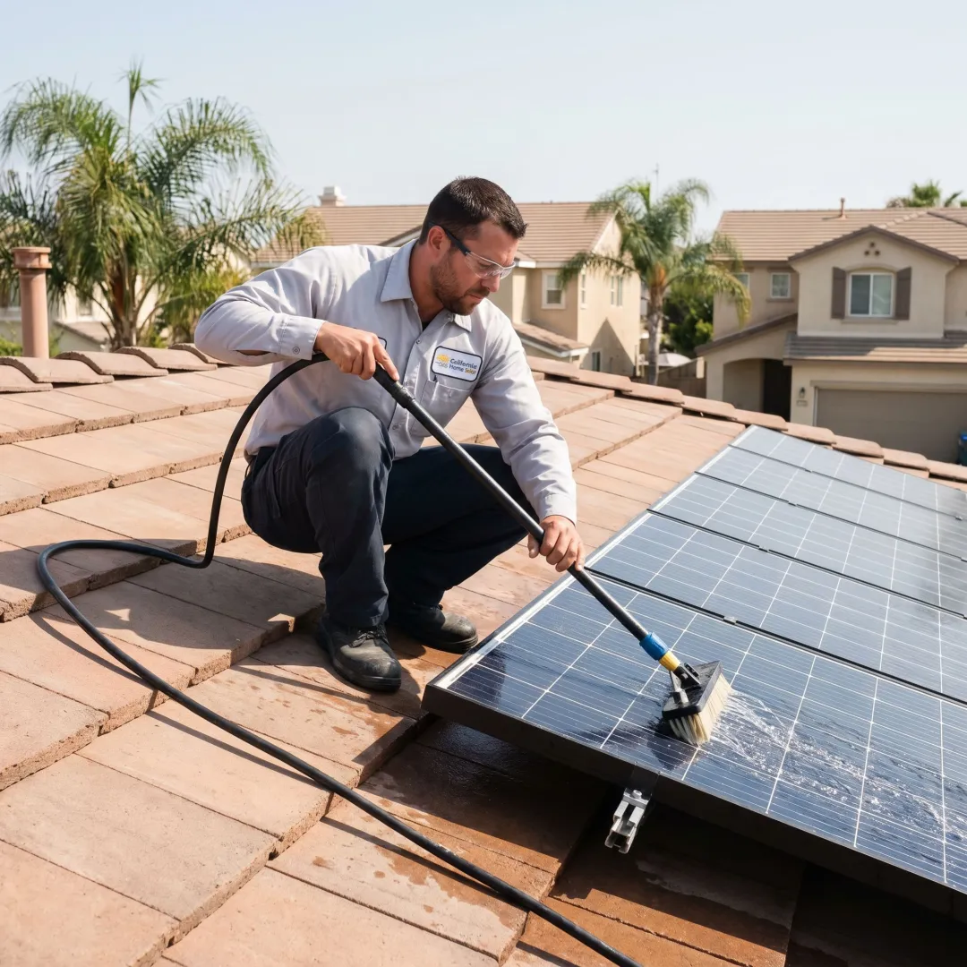 Technician cleaning rooftop solar panels in Riverside