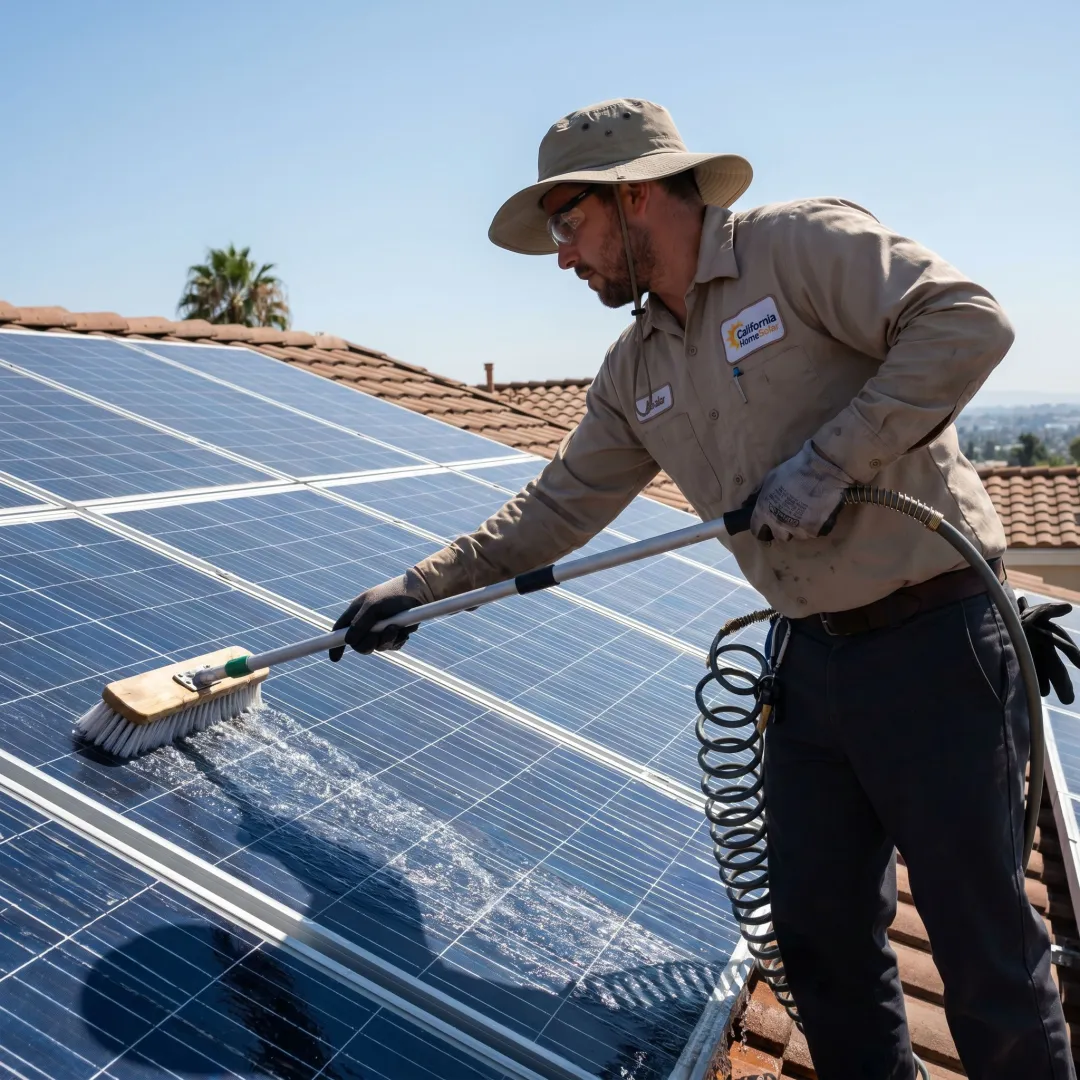 Solar technician safely cleaning panels with soft brush