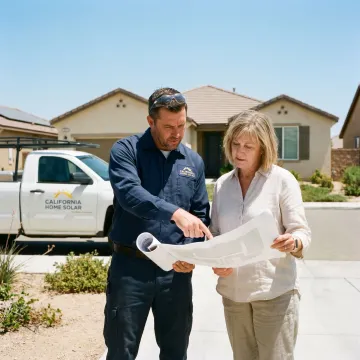 Contractor reviewing roof and solar plans with homeowner