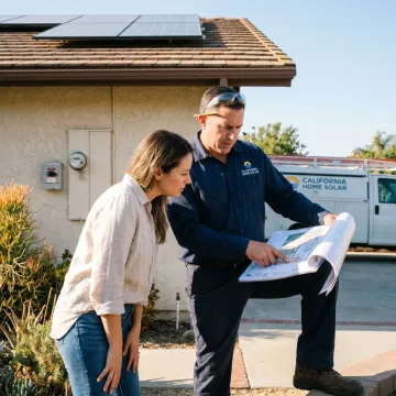 Solar contractor reviewing installation plans with homeowner