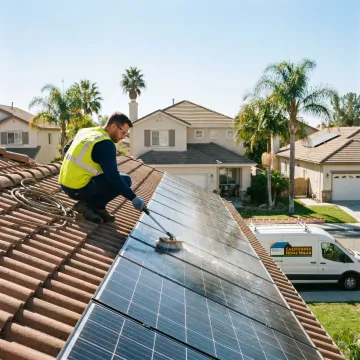 Technician cleaning rooftop solar panels