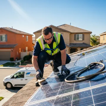 Solar panel cleaning process on a rooftop