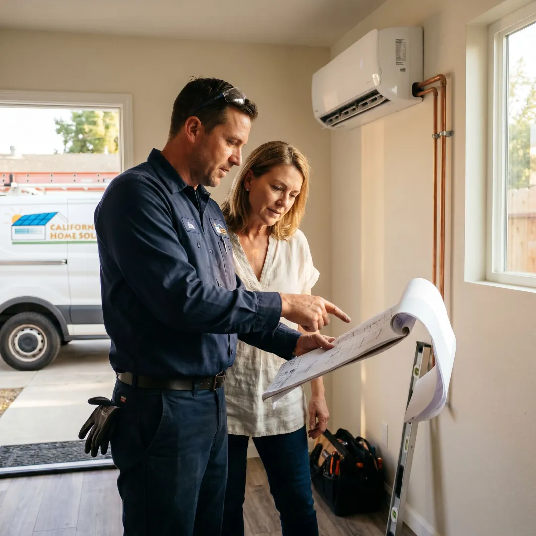 HVAC technician reviewing AC installation plans