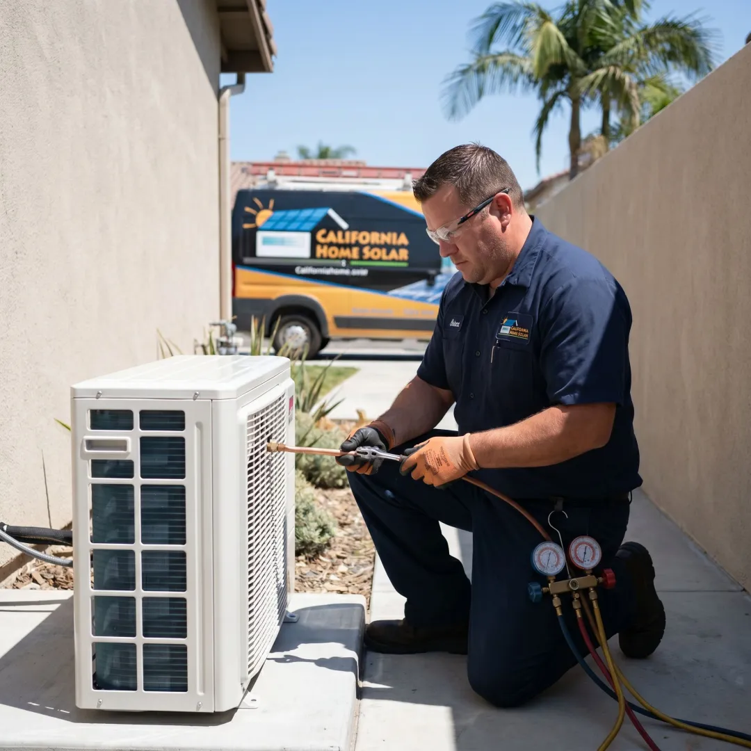 Technician installing a residential air conditioning unit