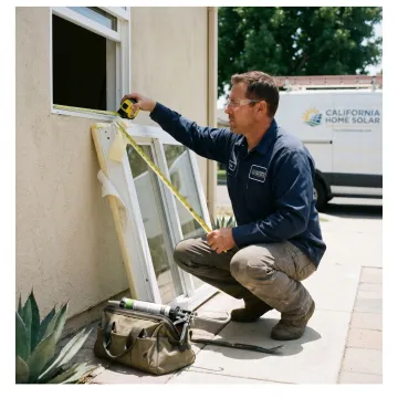 Installer measuring a window opening before replacement