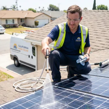 Solar panel cleaning process on a rooftop