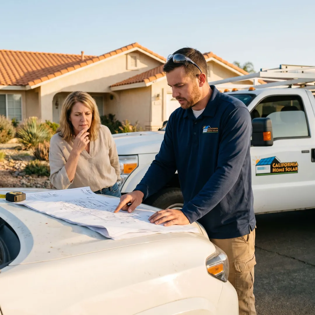 Solar technician reviewing plans with homeowner
