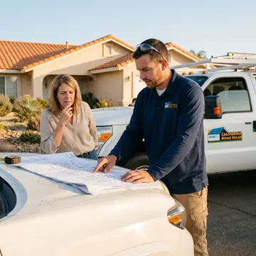 Solar technician reviewing plans with homeowner