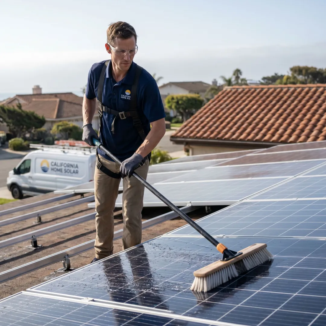 Technician cleaning rooftop solar panels in Huntington Beach
