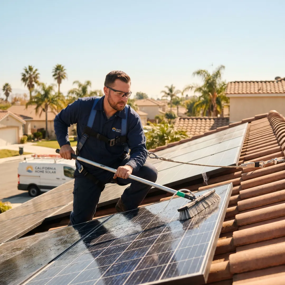 Solar technician gently washing residential panels