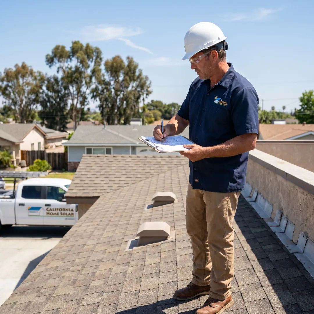 Roofing contractor inspecting a replacement roof