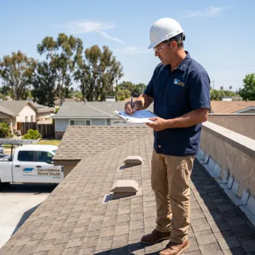 Roofing contractor inspecting a replacement roof