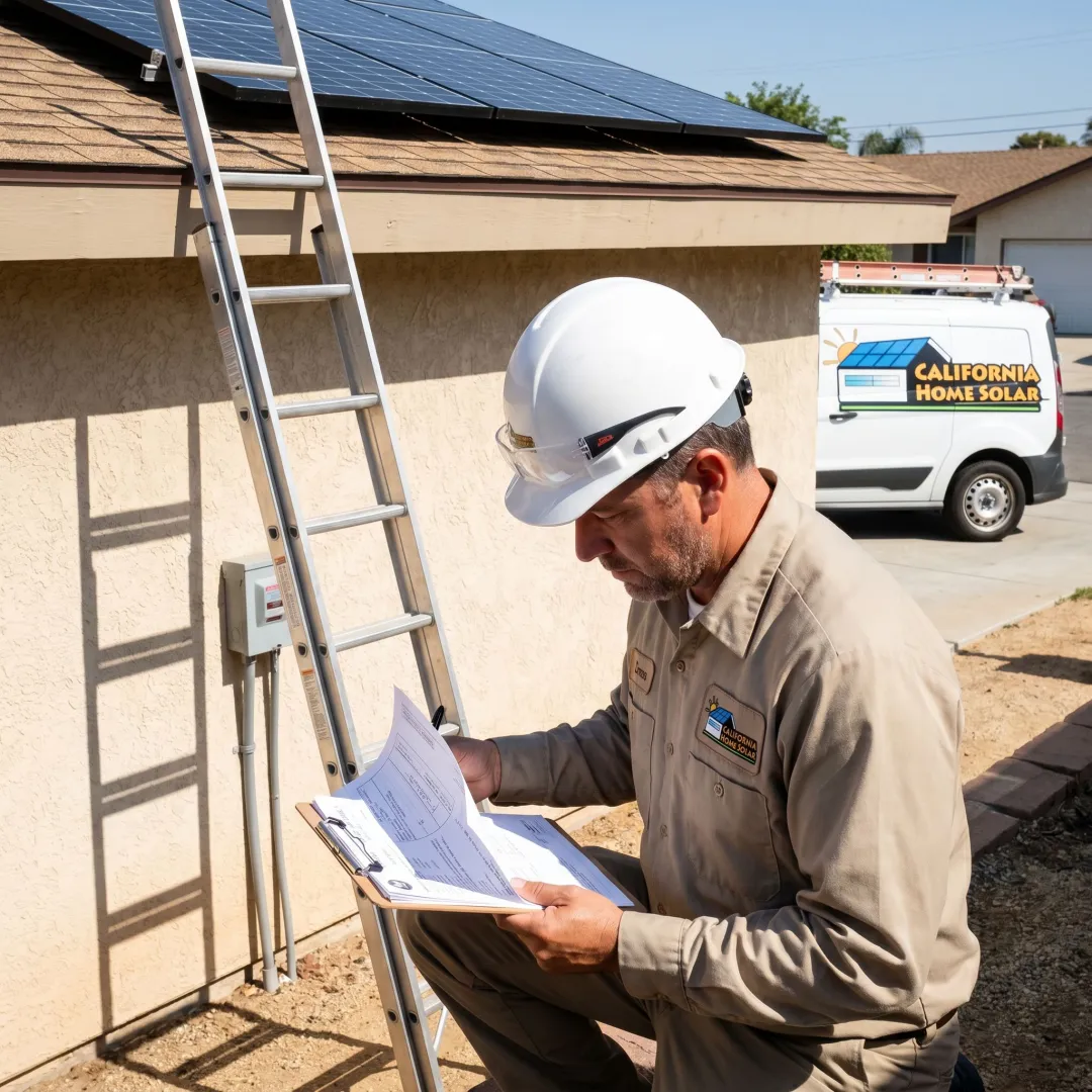 Solar installer reviewing plans beside installed panels