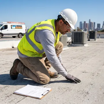 Contractor inspecting a roof before cool roof work