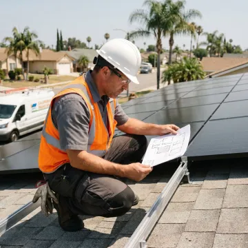 Solar installer reviewing a rooftop system plan