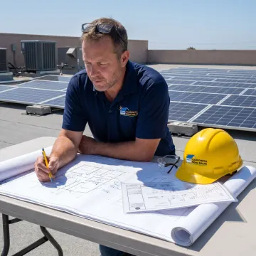 Solar contractor reviewing commercial project plans